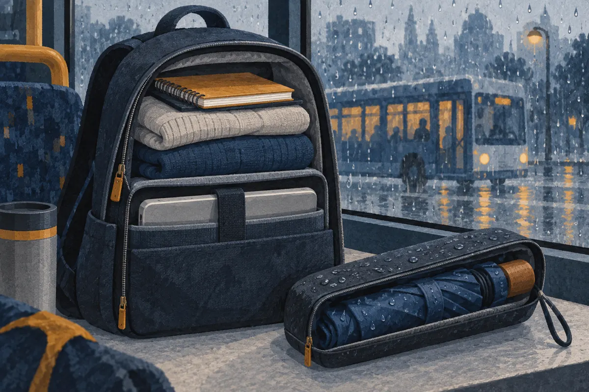 Ilustracja plecaka z osobno zabezpieczonymi suchymi rzeczami i mokrym parasolem podczas deszczowego dojazdu.