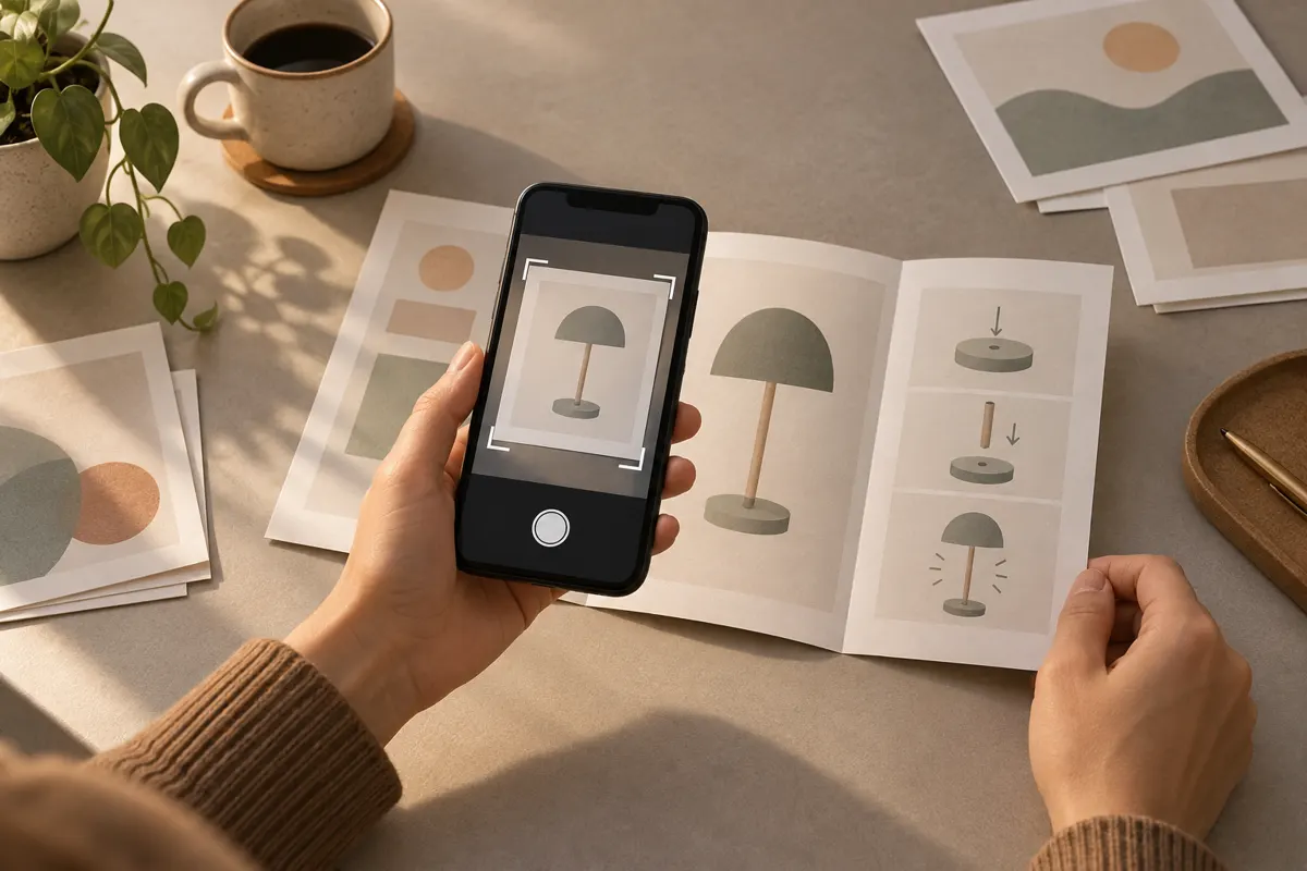 Ilustracja telefonu skanującego papierową instrukcję na blacie