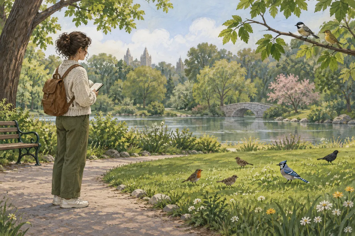 Ilustracja osoby obserwującej ptaki z parkowej ścieżki i zapisującej spostrzeżenia w notesie.