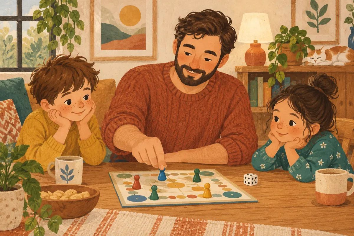 Ilustracja rodziny omawiającej zasady planszówki przed rozpoczęciem gry.
